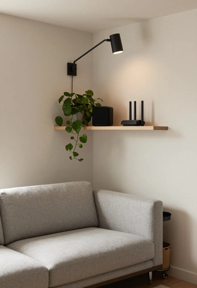 Corner-angle medium shot behind a sofa: an angled wedge between a light-gray fabric sofa and wall fitted with floating triangular corner shelves holding a trailing plant, a compact speaker, and a discreet Wi‑Fi router; above, a plug-in swing-arm sconce in matte black with a paintable cord cover running neatly down the wall; a slim rolling caddy with casters tucked alongside the sofa for remotes and chargers; calm palette with neutral baskets, soft evening ambient light from the sconce, photorealistic.