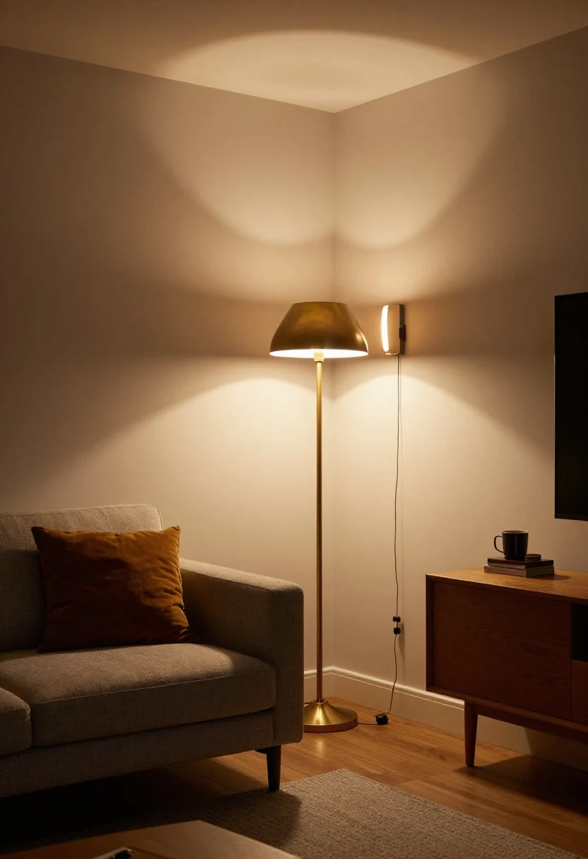 Corner medium shot: Layered lighting in a cozy living room—overhead pendant on dimmer, a brass floor lamp by a reading chair, and a plug-in sconce with a painted cord cover matching the wall. Warm white LED bulbs (2700–3000K) casting flattering, warm pools of light; high CRI rendering rich colors. Evening mood, visible dim glow gradients.
