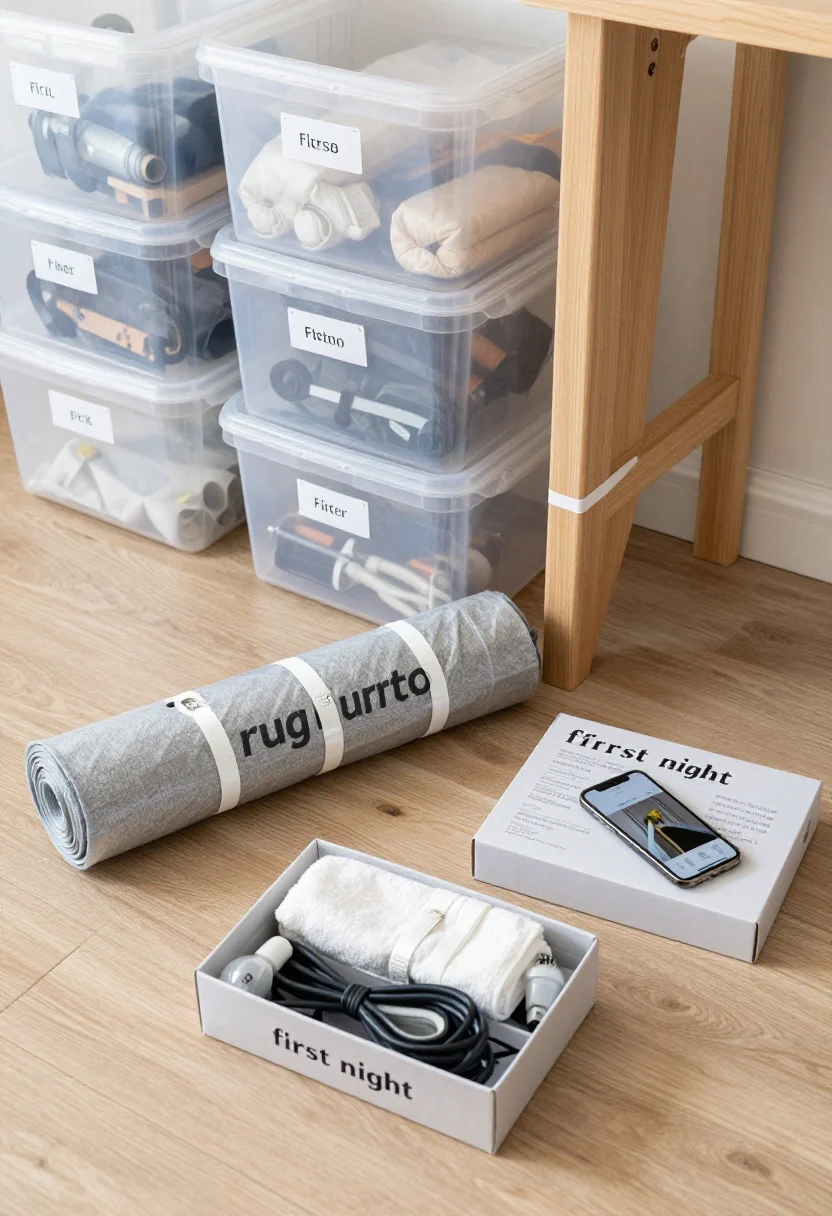 Detail closeup: A move-ready scene—uniform clear plastic bins stacked neatly, a zip-tied, labeled bag of hardware taped to a disassembled furniture leg, a rolled “rug burrito” with the good side in and secured with straps inside a clear sleeve, a small “first night” box open showing sheets, towel, extension cord, bulb, basic tools, and shower curtain, plus a smartphone showing a photo of TV cable connections. Bright, clean daylight, crisp labels visible, efficient and calm mood.