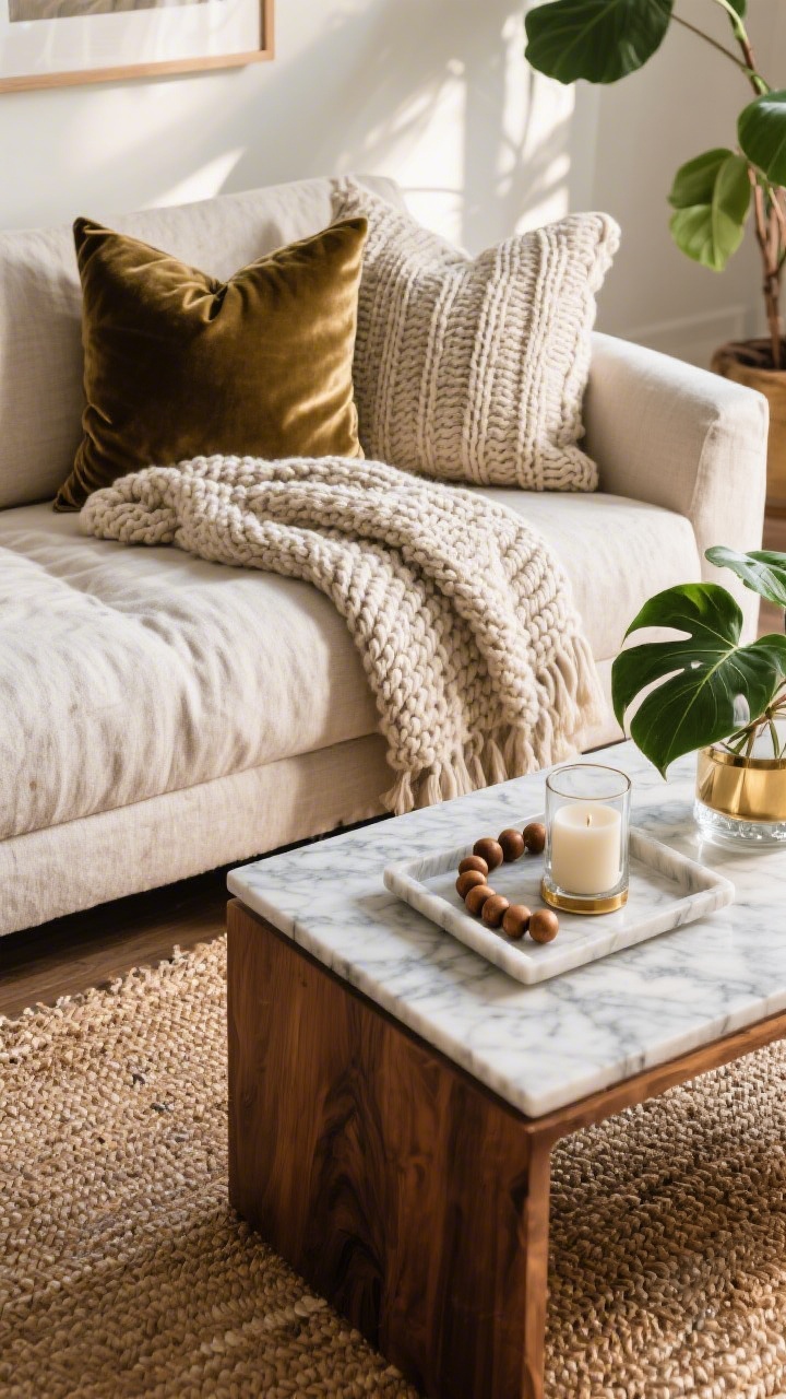 Detail closeup: A tactile vignette showing layered textures on a linen slipcovered sofa with velvet pillows and a chunky knit throw; beside it, a marble tray on a wood coffee table holds wood beads, a clear glass candle, and a leafy green plant; a jute rug underfoot adds depth; warm afternoon light grazing surfaces, highlighting the contrast of linen, velvet, marble, oak, and brass accents repeated subtly in the scene.