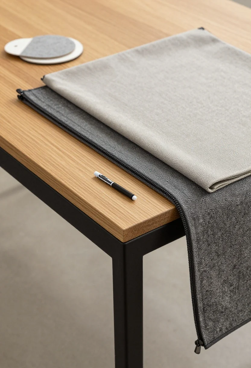 Detail closeup: A vignette of durable, move-proof materials—powder-coated matte black steel furniture frame with a tiny touch-up paint pen nearby, edge of a solid oak tabletop showing grain, layered swatches of tight-weave performance fabric in medium-toned greige and charcoal with removable zippers, and the corner curl of a polypropylene rug with a subtle heathered texture. Soft diffused daylight, slight scuffs to show resilience, rental-friendly felt pads and a coaster on the wood surface.