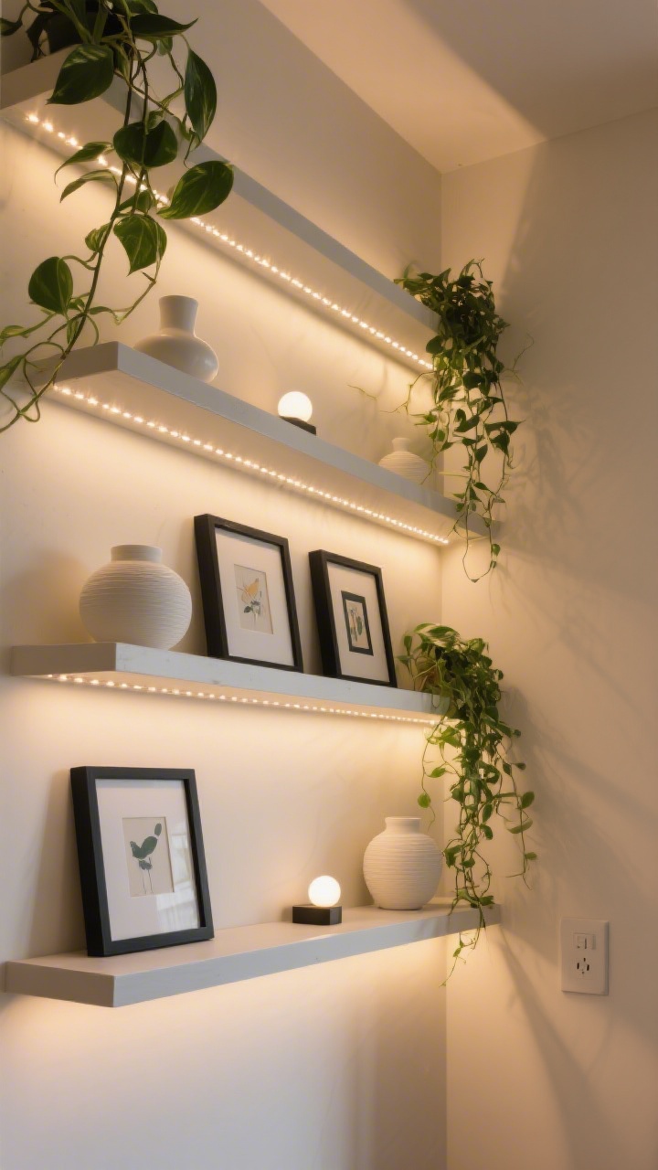 Detail closeup from a slight upward angle: Floating shelves staggered in a corner, each underside lined with stick-on LED strip lights and a couple of discreet puck lights, creating a cascading wash of warm light down the wall. Style the shelves with a mix of textures—matte white ceramics, glossy black picture frames with small art prints, and trailing green plants (e.g., pothos) draping over the edges. Show subtle shadows on a warm white wall, glow set via smart plug timing for a boutique-lobby feel, emphasizing layered light and material contrast.
