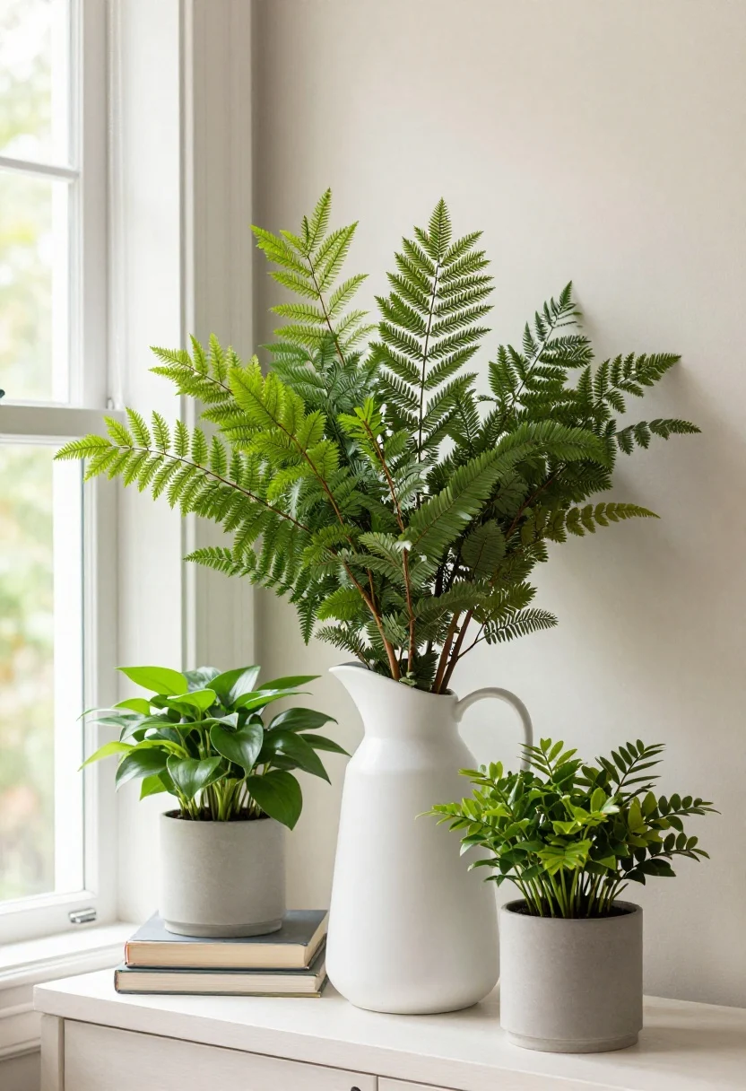 Detail closeup: Lively greenery vignette—tall foraged branches arranged in a simple white pitcher on a console, scaled for impact; a thriving plant relocated into bright light and staged on a small stack of books to vary height. Group of three plants layered for depth. Window slightly open to suggest fresh air; crisp natural light, vibrant greens against neutral textures.