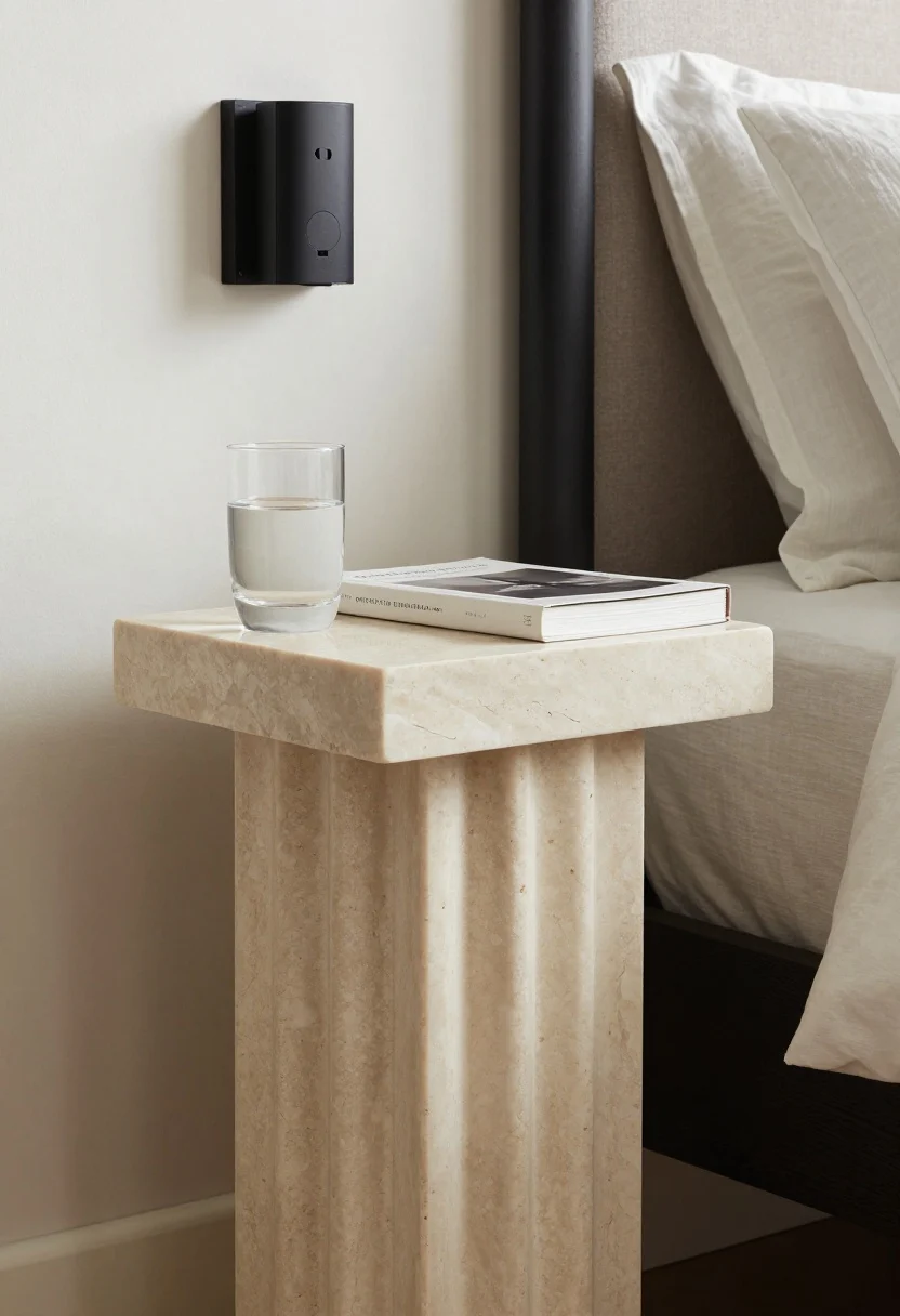 Detail closeup of a sculptural bedside plinth solution: a honed limestone pedestal (top 10–12 inches) at mattress height holding a single water glass and one hardcover book. Adjacent wall hosts a plug-in matte black wall sconce to free the surface. Background includes soft bouclé duvet and subtle linen drapery; textures emphasized—fluted wood accent visible at bed base for warmth, blackened steel accessory in the background. Warm 2700K task light with gentle falloff, ultra-clean composition, no wobble or clutter, premium finishes in focus.