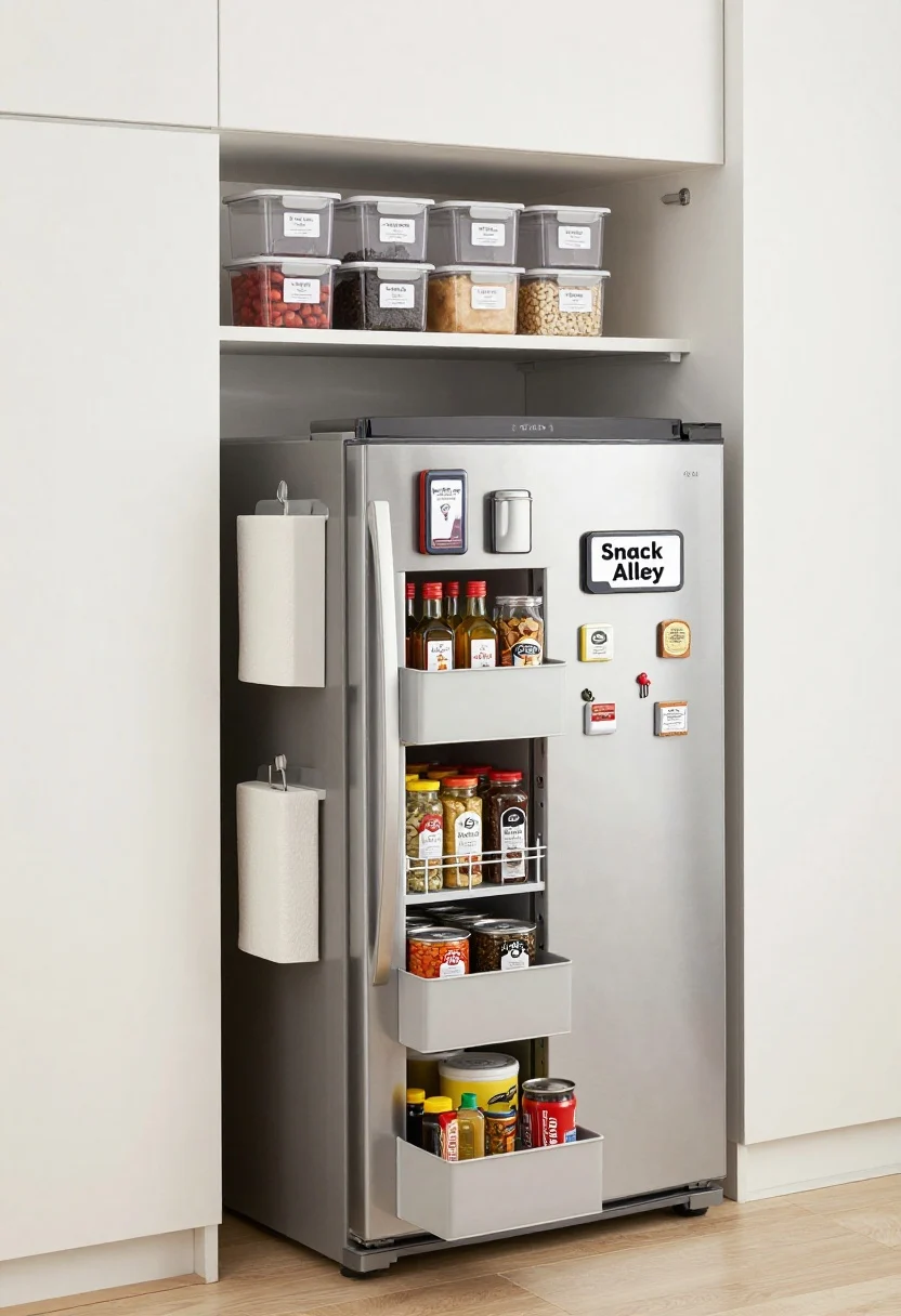 Detail closeup of “Snack Alley” beside a fridge: a narrow slide-out pantry tower (6–10 inches wide) pulled slightly out, showing oils, cans, and spices secured by small railings; exposed side of a stainless fridge with magnetic spice tins, a paper towel holder, and a utensil caddy; overhead shelf above the fridge with labeled bins; clear, stackable containers with uniform labels for dry goods; bright kitchen light, clean white walls and light wood floor, photorealistic.