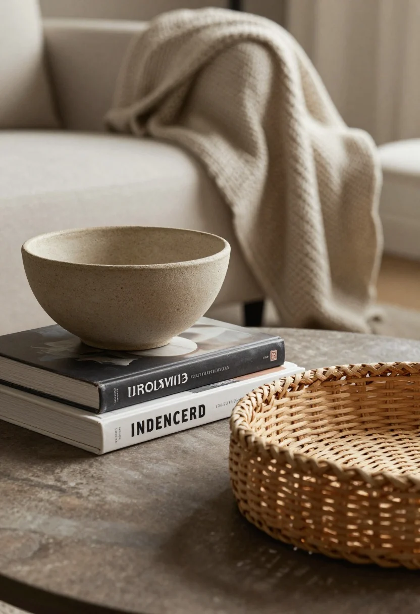 Detail closeup: Texture study on a coffee table and chair—rough pottery bowl stacked on glossy art books, a knit throw draped over a sleek chair, and a woven basket swapped in for a shiny tray. Contrasts of soft vs. hard, matte vs. shiny, smooth vs. nubby. Gentle side light emphasizes tactile surfaces; warm, natural materials dominate.