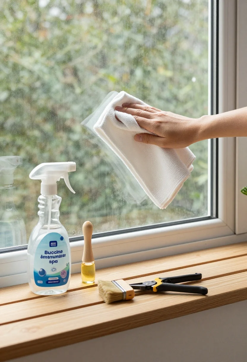Detail shot of maintenance in context: sheer curtain label and fabric protector spray bottle; a glass panel with window film being wiped with a non-ammonia cleaner and soft cloth; wood slat offcut with oil and brush nearby; natural cane piece with clear-coat can; pruners next to a self-watering planter tag; arranged on a clean balcony floor under diffuse daylight; crisp, organized, instructional vibe.
