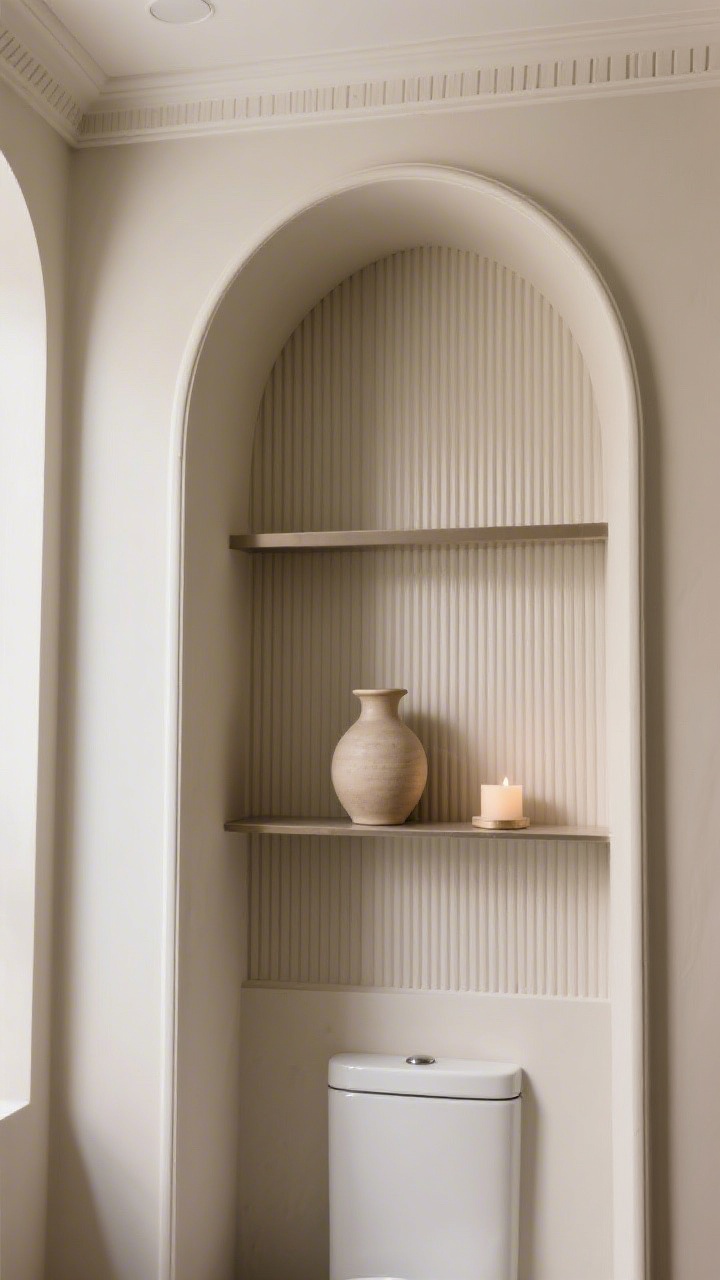 Detail shot, slightly upward angle, of an alcove effect created with peel-and-stick fluted panels running from just above the tank to the ceiling: narrow flutes in a tone one shade deeper than the surrounding wall for subtle depth; lightweight peel-and-stick trim finishing the top edge; one or two slim floating shelves layered over the panels holding a single ceramic vase and a candle; realistic adhesive edge detail and gentle shadowing that makes it read custom; soft ambient lighting for boutique-hotel vibes; moisture-friendly finishes.