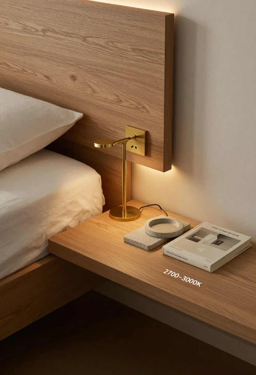 Editorial detail montage-style closeup addressing FAQs: precise bedside surface alignment—edge of a floating oak ledge sitting just below mattress top; adjacent dimmable plug-in swing-arm sconce labeled 2700–3000K warm tone; an LED strip subtly glowing behind the headboard for ambient backlight. On the surface: only three items—small stone tray, a single book, and a compact light source—cords hidden with matte clips. Emphasis on finishes: matte oak grain, soft linen weave, brushed brass hardware, photographed in soft evening light for a premium, clutter-free look.