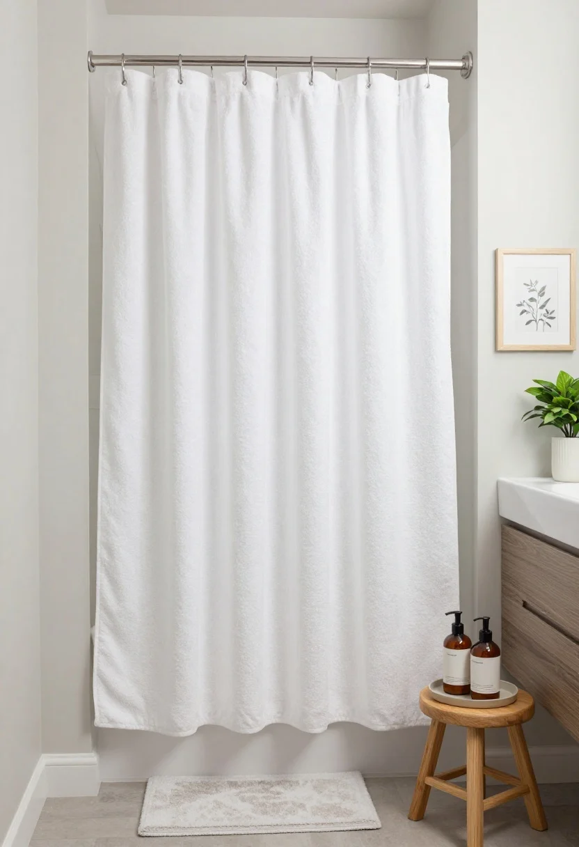 Medium bathroom shot: Spa-upgraded basics—plush heavyweight white towels on a hook, weighted fabric shower curtain hung high just above the floor, uniform amber pump bottles with minimalist labels on a small tray. Coordinated bath mat in calm neutral, a small wood stool, framed print, and a plant for warmth. Bright, clean lighting, straight-on.