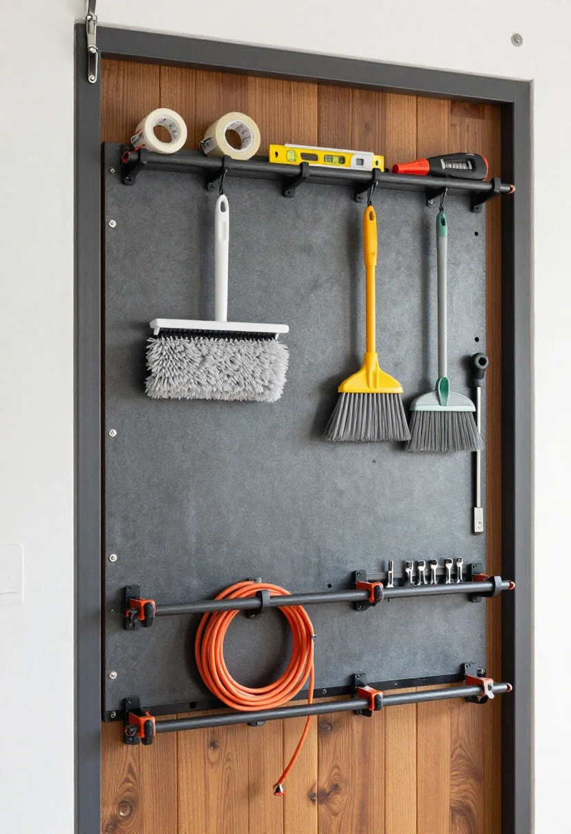 Medium, corner-angle shot of a utility room or garage door used as a vertical tool dock: compact pegboard panel and slim rail system with rubberized hooks; top section carries tape, level, stud finder, twine; middle section holds lint brush, duster, mini broom; bottom features heavy-duty clips for an orange extension cord and a folded step stool; a narrow magnetic strip with drill bits and small wrenches; sturdy hinges visible; cool, functional lighting; industrial textures of powder-coated metal and wood door grain; photorealistic, no people.
