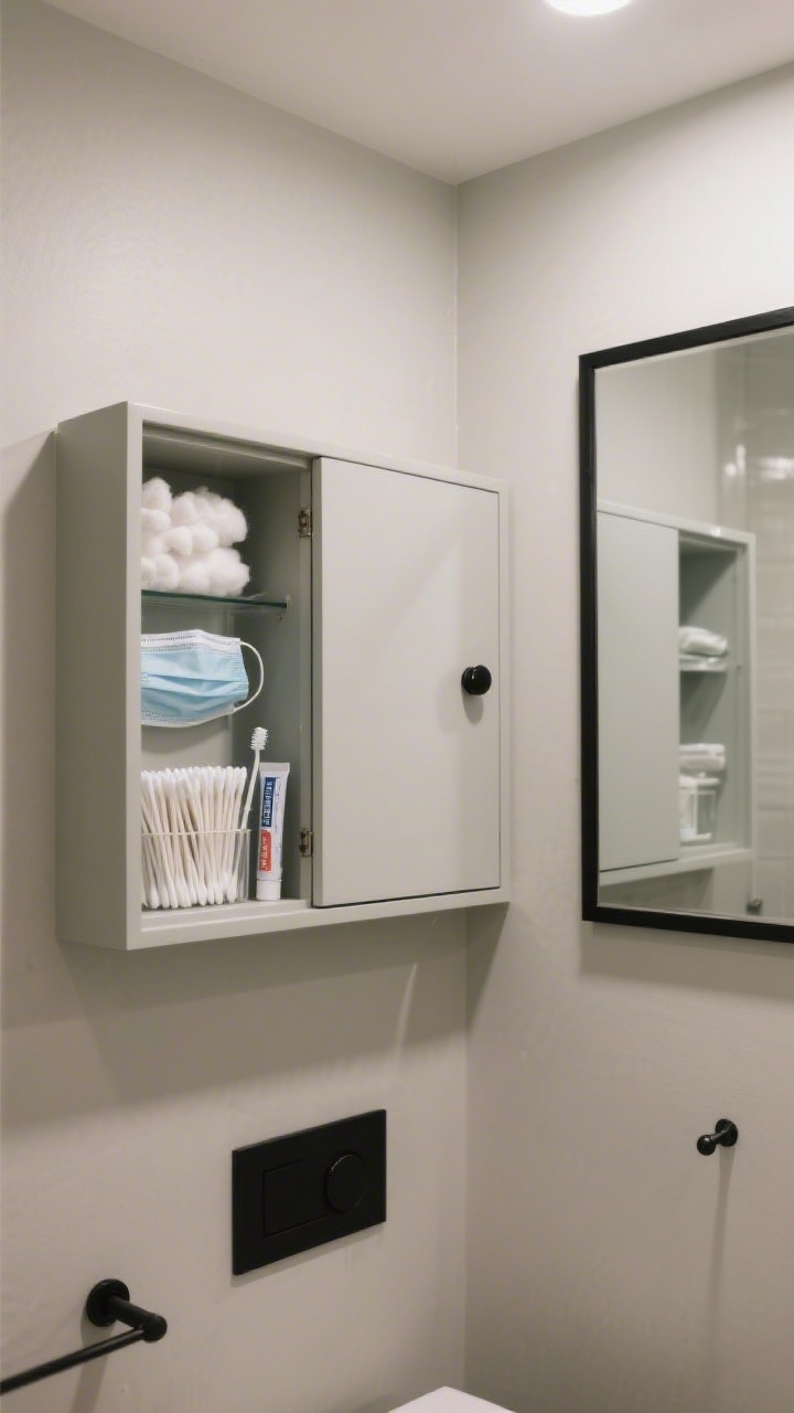 Medium, corner-angle shot of slim shadow box cabinets above a toilet: shallow wall-mounted picture-frame cabinets painted the exact same color as the wall for a built-in look; clean lines, low-profile knob in matte black; one cabinet door slightly open revealing neatly arranged cotton swabs, face masks, and extra toothpaste; a second mirror-front cabinet bouncing light to visually enlarge the small bath; toggle-anchor details implied (no visible damage); soft overhead lighting and faint reflections on the mirror; fixtures in black to tie together.