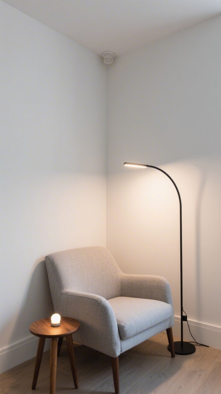 Medium corner shot: A tiny apartment reading nook with a slim black metal torchiere floor lamp tucked into a tight corner, casting an upward soft ambient glow that bounces off matte white walls and a pale ceiling, making the space feel taller and open. Include a low-profile flat lamp base sliding partly behind a light gray linen armchair placed diagonally in the corner, with an arc lamp option reaching over the chair. Add a small round wood side table, a warm dimmable smart bulb set to 2700K, and subtle wall shadows. Style is clean modern with sculptural lines; no ceiling light visible.