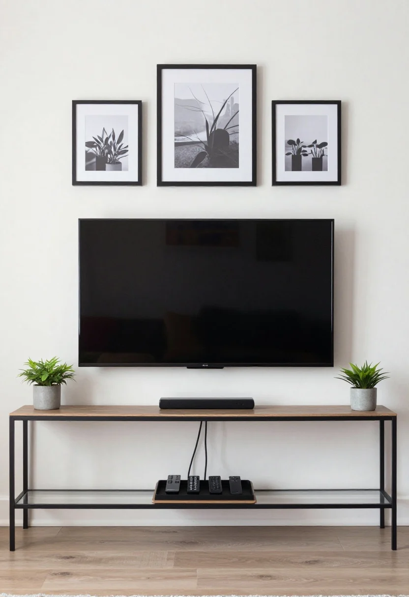 Medium entertainment console shot: Wall-mounted TV with painted cord cover blending seamlessly into the wall, slim mountable power strip hidden under the console, labeled cords. A low tray corrals remotes beside a small plant. Optional Frame-style TV in art mode to blend with surrounding framed prints. Clean, minimal, straight-on view.