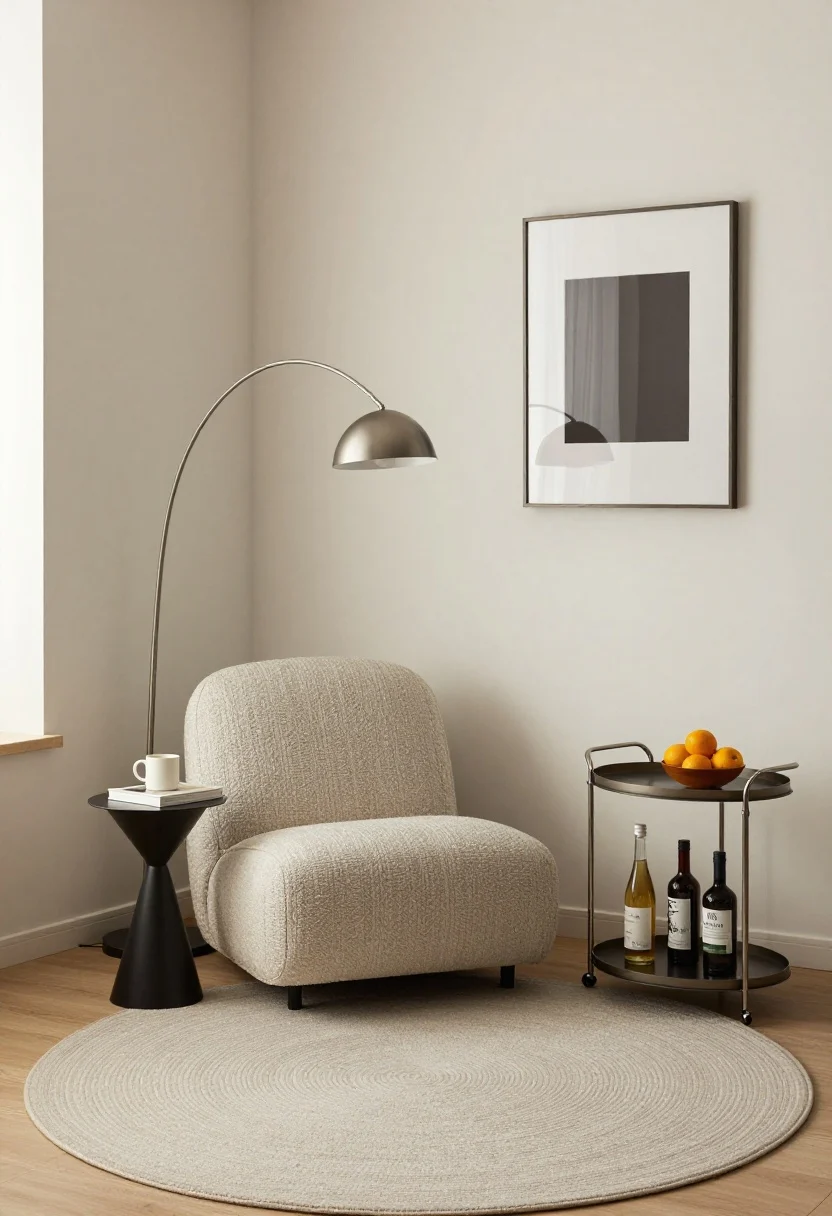 Medium living-room corner reading nook: an awkward corner transformed with an armless slipper chair in textured neutral fabric, tiny martini table holding a mug and book, an arc floor lamp reaching overhead with a dimmer; a small round rug defining the space; alternative bar-cart hint nearby—a triangular corner bar cart with a tray, 2–3 curated bottles, and a small bowl of citrus; metallic-framed mirror and single statement print; palette consistent with the room, warm layered lighting, photorealistic.