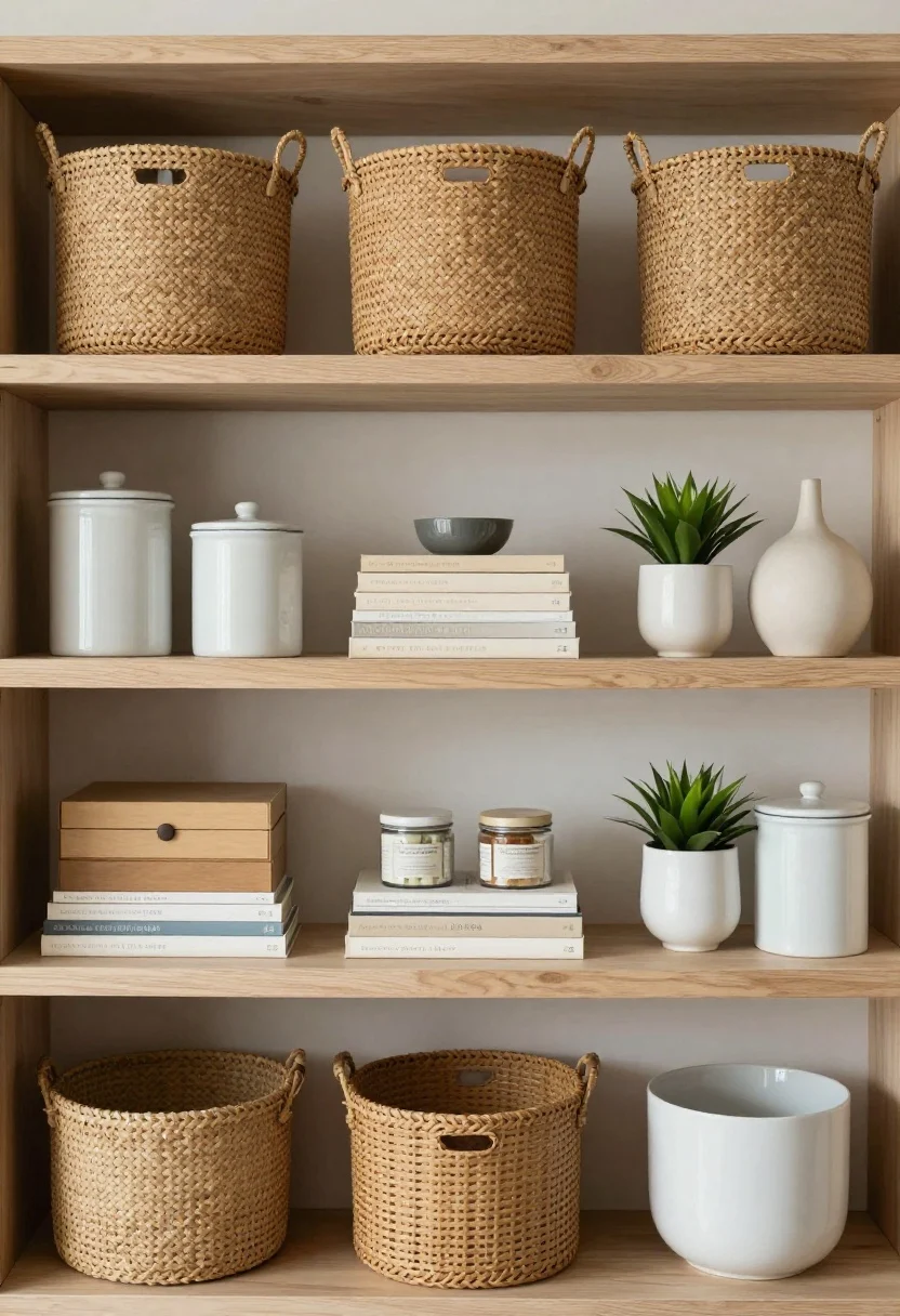 Medium shelf styling: Open shelving with baskets, ceramic canisters, and lidded boxes containing pantry items; styled in groups of three—stacked books horizontally, a small plant, and a sculptural ceramic object. Repeated materials (wood, ceramic, glass), with deliberate negative space. Soft side lighting, three-quarter angle.