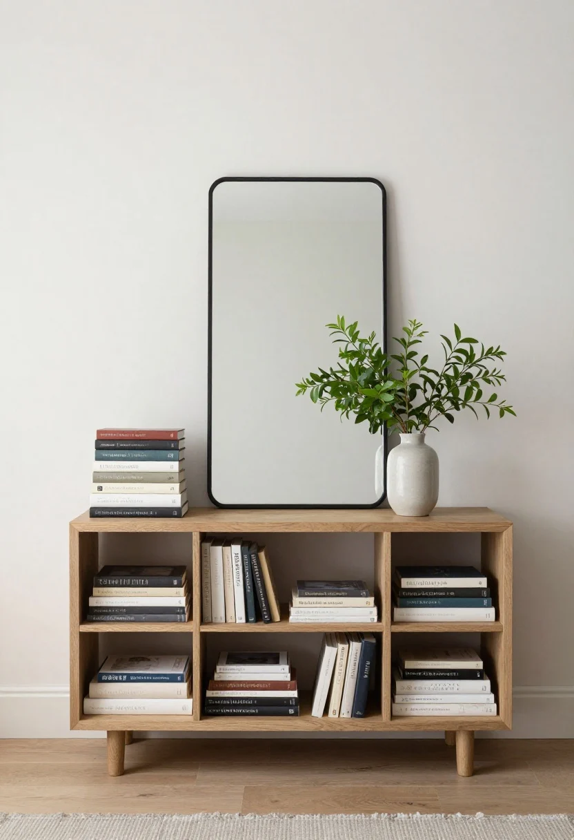 Medium shot: A balanced console vignette showing symmetry and a deliberate break—twin stacks of books flanking a centered mirror for calm, with a tall off-center vase of greenery adding energy. Shelves below subtly mirror shapes side-to-side but swap materials (ceramic vs. wood) for interest. Soft, even daylight; polished but not sterile.
