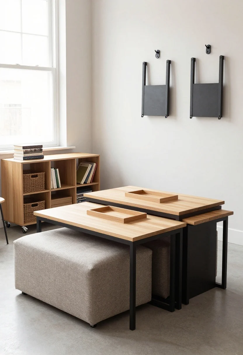 Medium shot: A flexible living area arranged like Tetris—nesting tables in light wood and black metal stacked asymmetrically beside a compact modular sofa; a storage ottoman in textured fabric doubling as coffee table with a tray; an open shelving unit on casters styled with pantry baskets and books, positioned as a light room divider; two attractive folding chairs hung on black wall hooks. Neutral palette, movable pieces on display, side-window daylight, uncluttered floor.