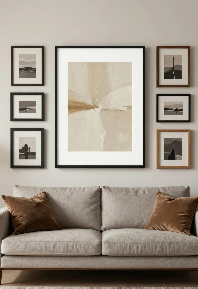 Medium shot: A living room wall with a large framed art piece two-thirds the width of the sofa, centered at 58 inches from the floor. Sleek black frame with a white mat, warm neutral abstract print. Alternatively, a gallery wall with consistent black and wood frames in varied sizes, tightly arranged above a sofa. Soft, even lighting, slightly angled view to show scale.