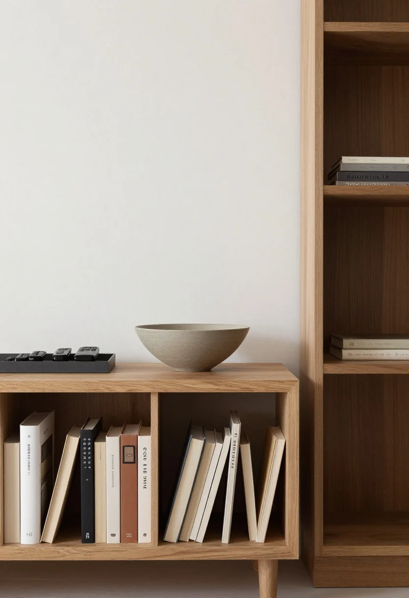 Medium shot: A pared-back console table after ruthless decluttering—only a single sculptural bowl centered and a small tray corralling remotes. Surrounding surfaces are clear to reduce visual noise. A bookcase beside it shows upright spines with a small stack of 3–5 horizontal books to break the line. Calm, even natural light; neutral palette with wood, ceramic, and matte finishes for a clean, elevated feel.