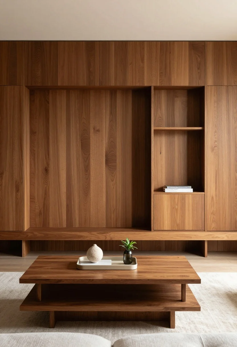 Medium shot: a streamlined living room wall with a closed-door media console in medium-tone wood, a storage ottoman used as a coffee table topped with a simple tray holding a single sculptural object and a small plant, closed nightstand visible at the edge, and an entry bench with a lift-top nearby; styling limited to three items per open surface for “museum calm,” warm ambient light for a tidy, intentional look.