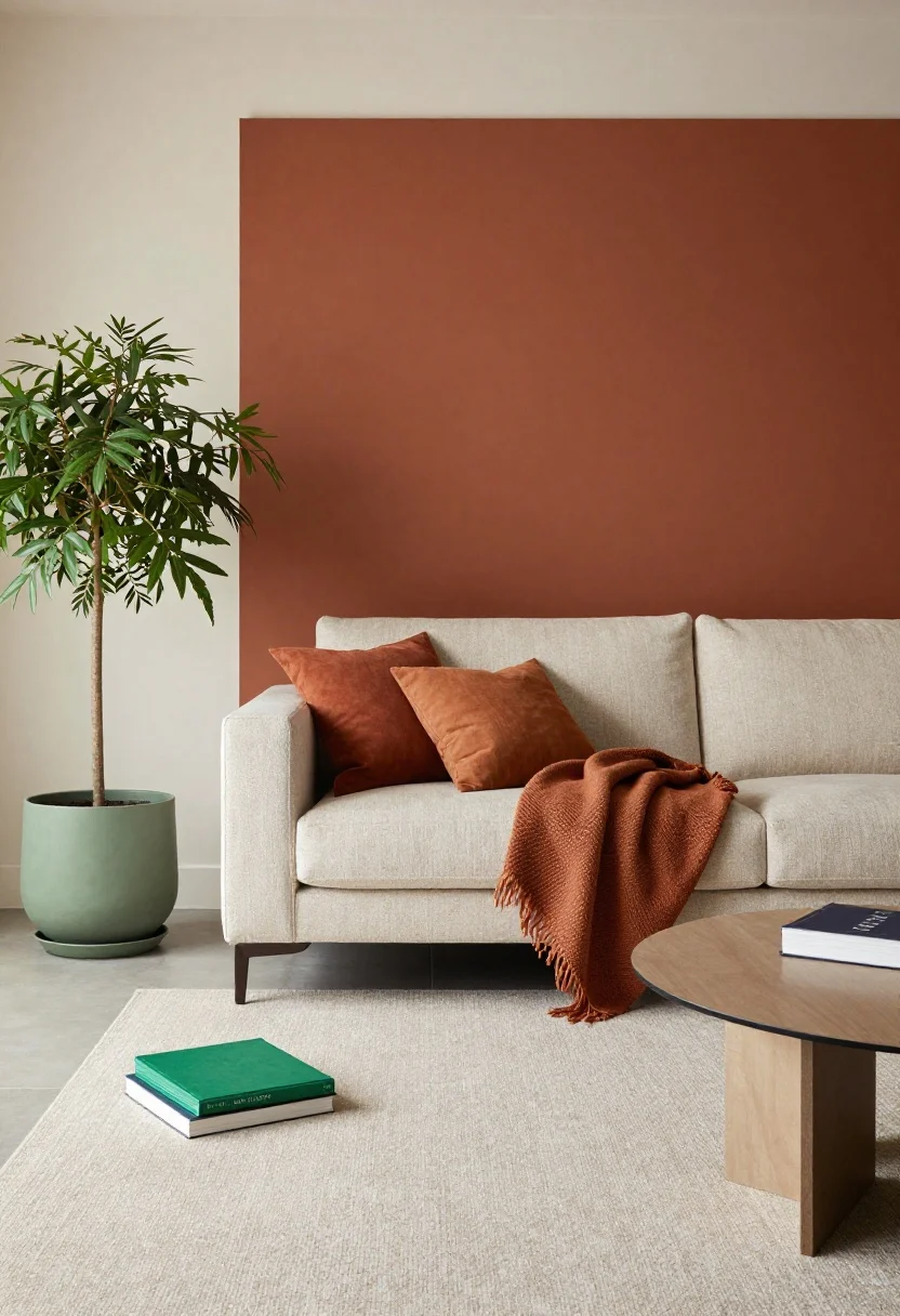 Medium shot: Curated color story living room surface—two main colors plus one accent. A dusty green plant pot echoed by a green book spine and a coordinating throw; neutral base with texture-forward pieces. Grouped colorful items read intentional; scattered brights minimized. Soft daylight, cohesive palette: neutral base + a warm rust/camel accent + a cool sage/navy note.