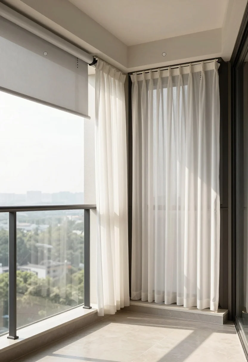 Medium shot diagram-like scene of a balcony with four labeled zones indicated by placement: south-facing edge fitted with UV-filtering roller shade and partial polycarbonate panel; north-facing corner with sheer curtains and light-toned lattice; west-facing side layered with sheer curtain plus adjustable shade; targeted corner privacy panel blocking a specific neighbor sightline; bright, directional sunlight suggesting orientation; clean, photorealistic rendering from a slightly elevated straight-on view.