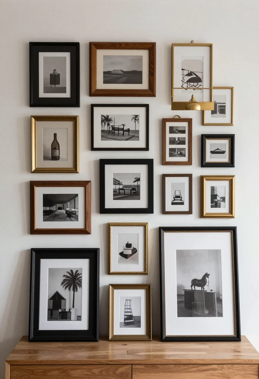 Medium shot: Edited art wall hung at gallery standard—centers at 57–60 inches from the floor. A salon-style cluster of small frames with consistent 2–3 inch spacing, plus one large frame leaning casually on a console for editorial flair. Natural light grazes the wall; mixed frames in black, wood, and brass tones; cohesive, intentional arrangement.