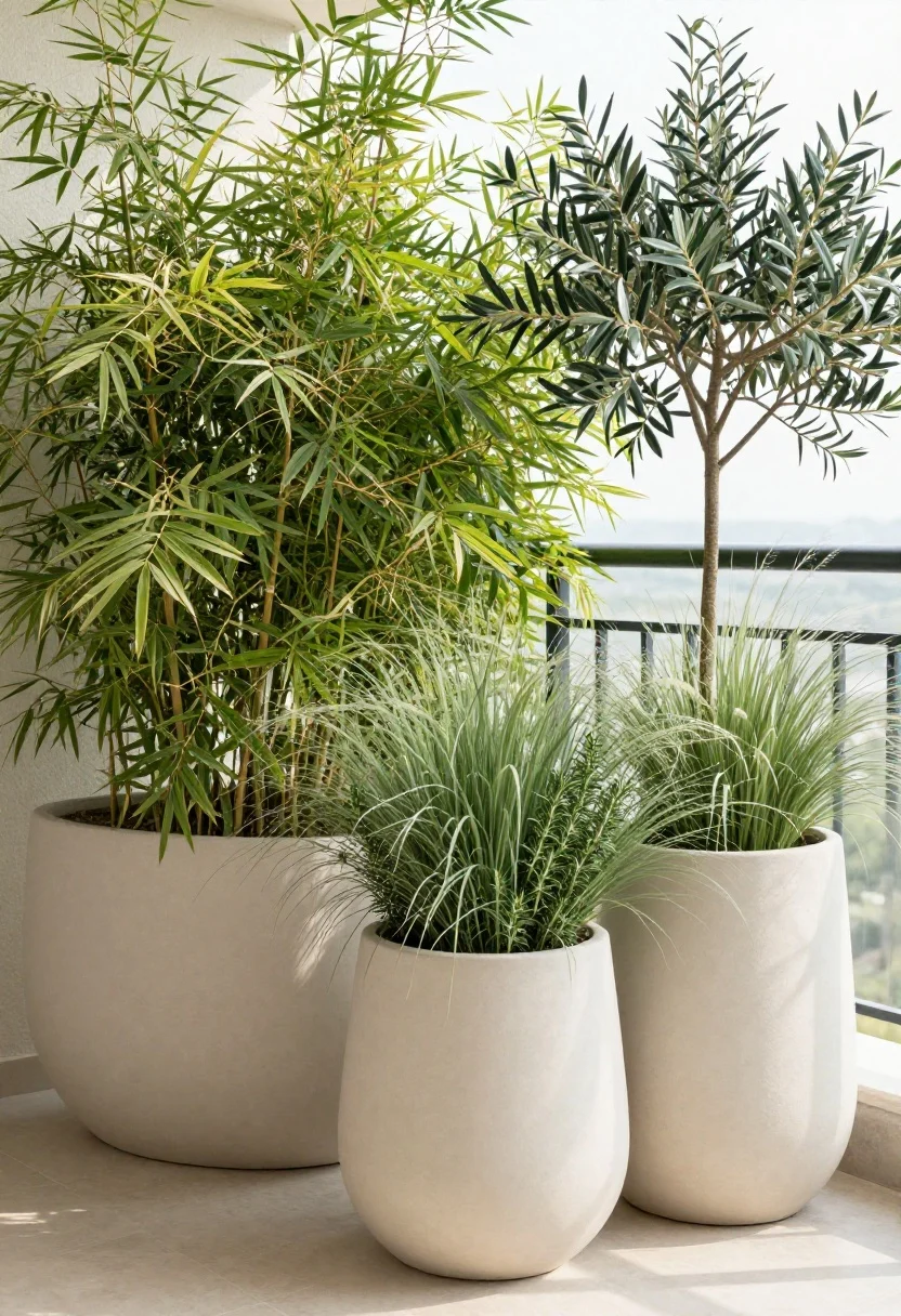 Medium shot focusing on tall, narrow trough planters in light-colored finishes along a balcony edge; clumping bamboo with feathery leaves, a dwarf olive tree with silvery foliage, and fountain grass swaying; rosemary and fennel tucked between for texture; bright midday light bouncing off pale planters to illuminate the area; airy, soft screen effect; straight-on eye level.