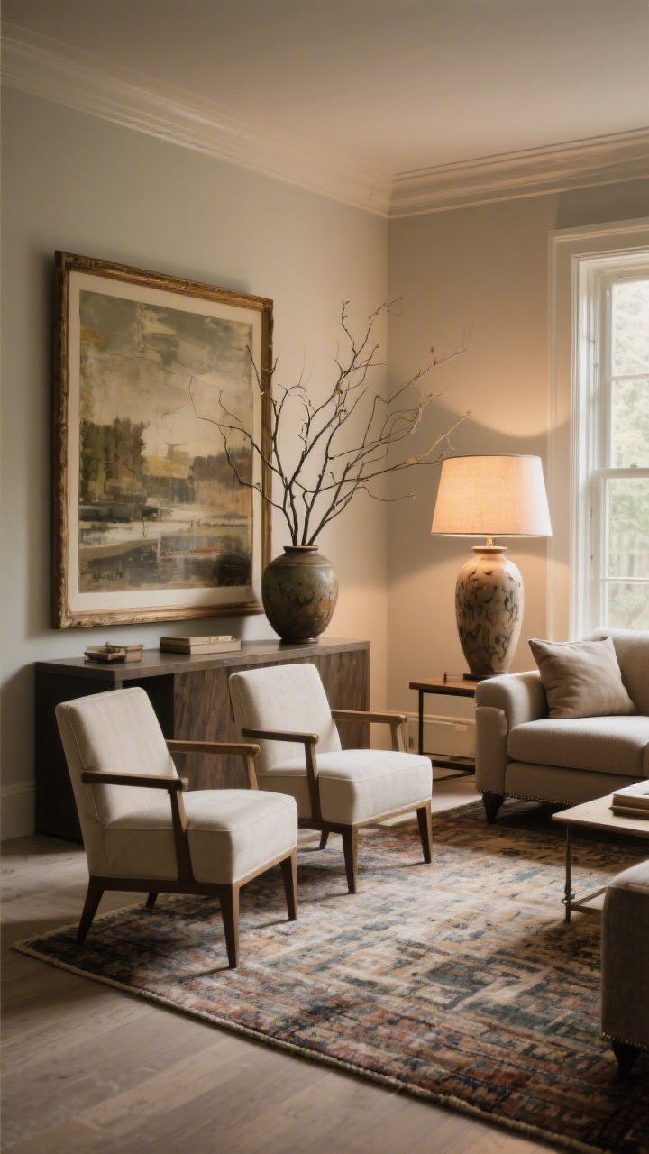 Medium shot from a corner angle: A living area with properly scaled elements—an ample area rug with the front legs of the sofa and chairs sitting on it, oversized framed art measuring about two-thirds the sofa width, and a tall table lamp with a substantial shade; one large ceramic vase with long branches on the console replaces clutter; balanced proportions, warm ambient light, and a sense of drama through scale.
