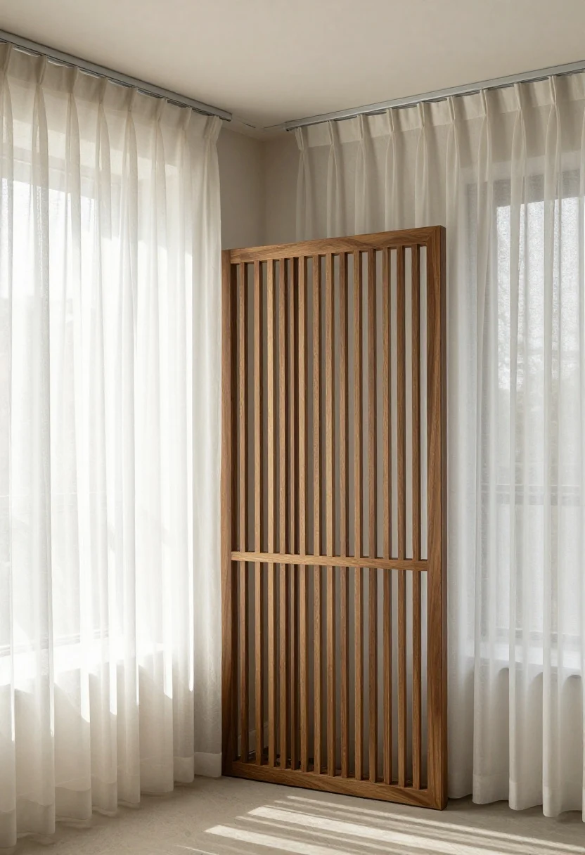 Medium shot illustrating layered flexibility: a fixed vertical lattice panel beside an angled slatted wood screen, paired with movable sheer curtains on a ceiling track; daylight filtering through all three elements to create varied transparency; small bistro setup in neutral tones; subtle breeze catching the sheers; balanced, adaptable mood; corner angle capturing all layers in one frame.