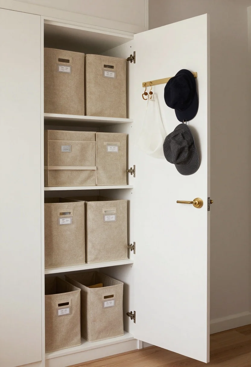 Medium shot: Invisible storage solutions integrated into a tidy nook—under-bed bins with latching lids partially slid beneath a low bed, an over-the-door organizer on a white door holding entry essentials, a simple open bookshelf with collapsible fabric cubes in warm neutral canvas acting as decor, and adhesive wall hooks and a slim rail holding bags and a hat. Clear, labeled tags on bins visible, soft even lighting, calm and clutter-free look.