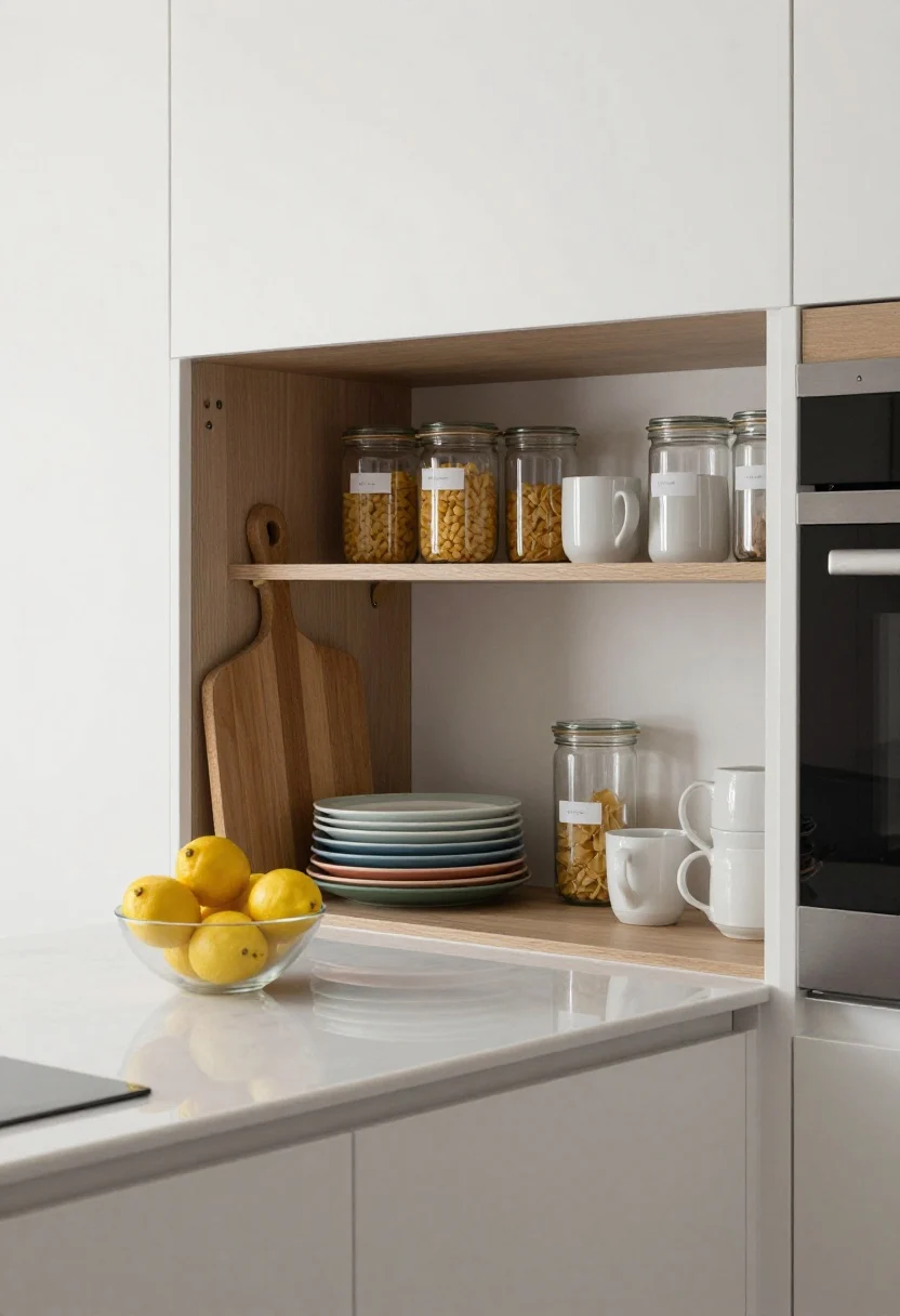 Medium shot: Kitchen styled like open shelving—clear counters except a wooden cutting board leaned vertically, a bowl of lemons, and a handsome utensil crock. Inside an open cabinet, plates stacked by color and mugs grouped; pantry staples decanted into saved glass pasta jars with labels turned inward. Triangle styling of tall–medium–small items; clean, bright daylight; minimal visual noise.