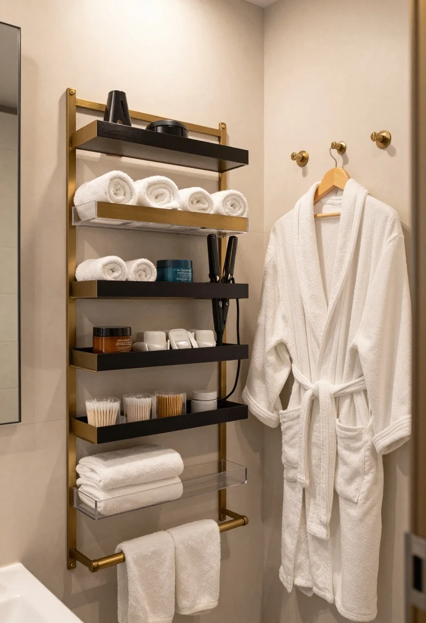Medium shot of a bathroom door transformed into a spa-style storage zone: moisture-resistant powder-coated racks in brushed brass or matte black and clear acrylic trays holding rolled hand towels, sheet masks, and a luxe body scrub jar; heat-safe holsters securing a curling wand and straightener with cords tamed; small opaque lidded bins for cotton swabs and floss; a low-profile towel bar at mid-door height with a neatly hung robe; soft, warm bathroom lighting with subtle humidity sheen; calm, elevated mood; photorealistic, no people.