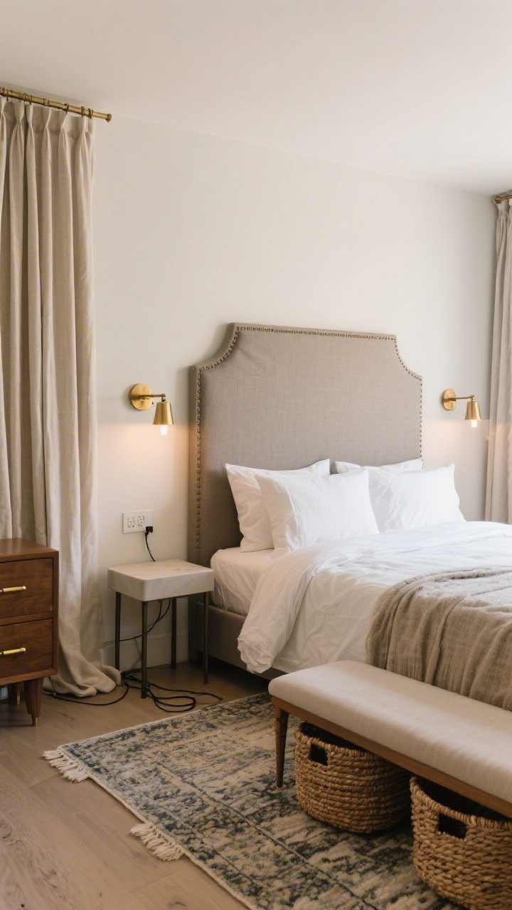 Medium shot of a bedroom wall: A high-low mix anchored by a statement headboard and a beautiful oversized rug, paired with simple, budget-friendly side tables; tailored extra-long curtains that lightly puddle on the floor; plug-in brass sconces flanking the bed; swapped hardware on a nearby dresser (sleek brass pulls) and matching baskets under a bench for hidden storage; clean cord management; warm, flattering lighting and a calm, custom-looking vibe.