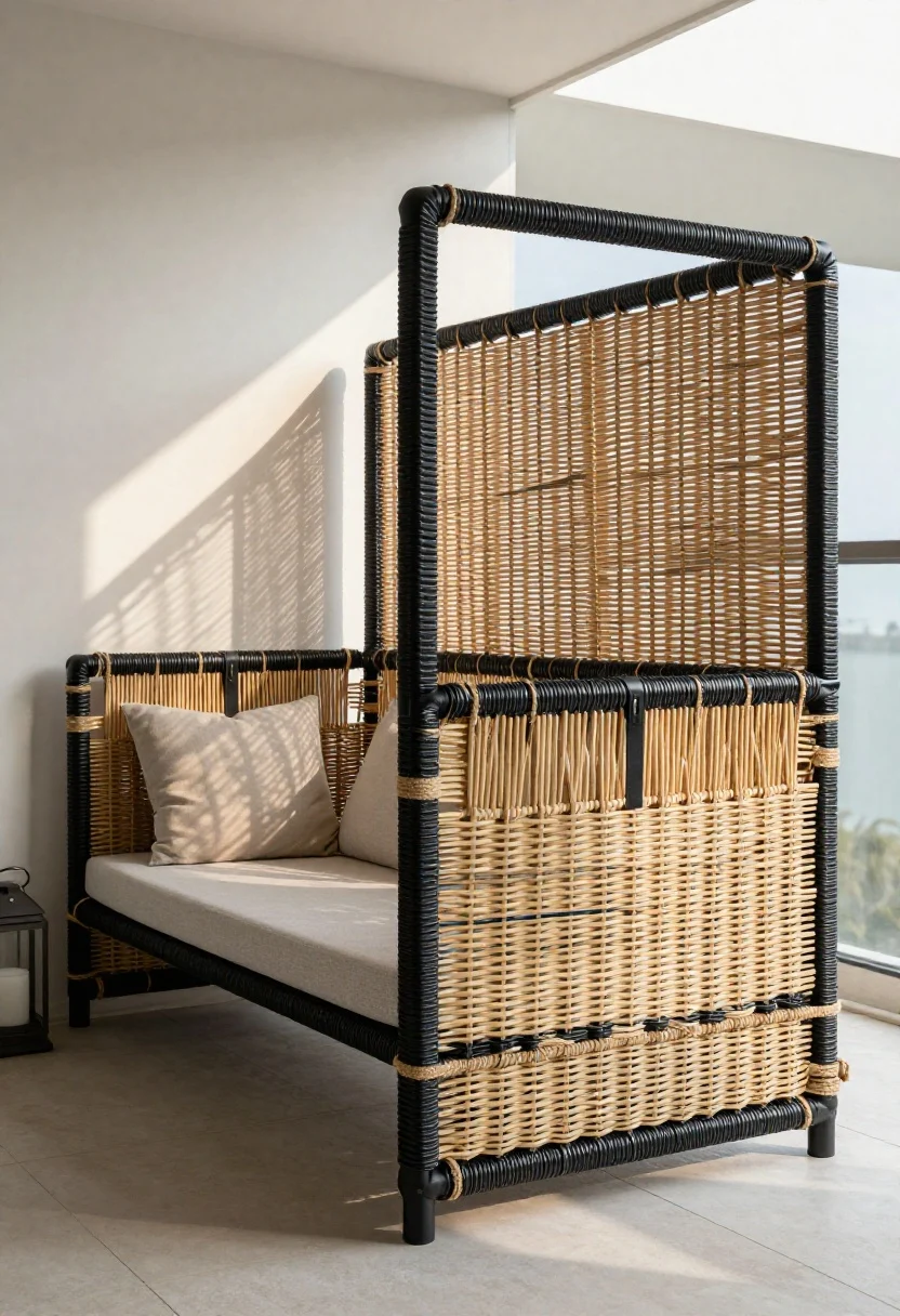 Medium shot of a compact balcony railing wrapped in reed and rattan panels in a two-tone scheme (natural and black), secured with UV-stable black zip ties and sections of jute rope; panels sealed with a satin outdoor clear coat showing a gentle sheen; soft late-afternoon sun filtering through the weave; neutral cushions on a slim bench and a small lantern set on the floor; breezy island vibe; angled view along the railing.