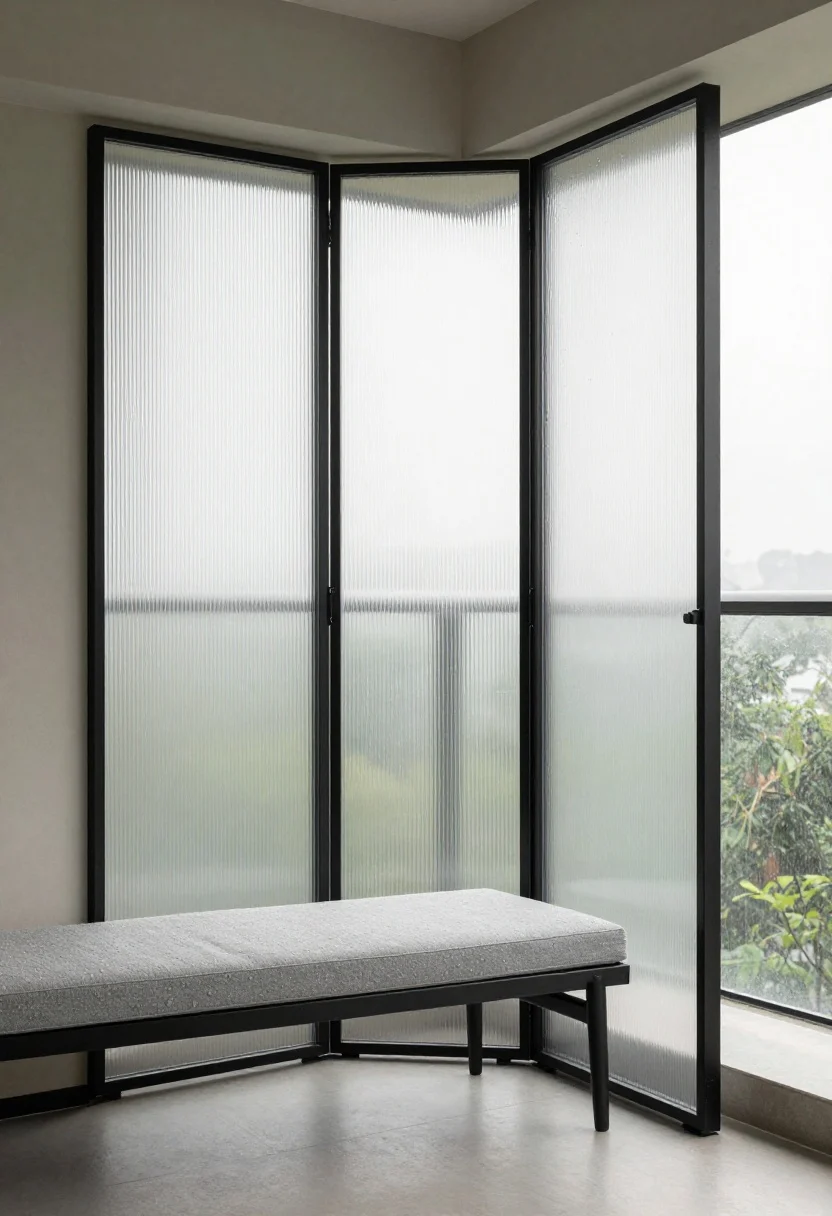 Medium shot of a modern balcony corner divider made from translucent ribbed polycarbonate “cloud” panels framed in black aluminum; clean, even daylight diffusion creating a softbox glow; half-height panel continuing along the railing for continuity; slim bench with textured cushions in soft gray nearby; rain droplets beading subtly on the exterior face; contemporary, architectural feel; straight-on perspective.