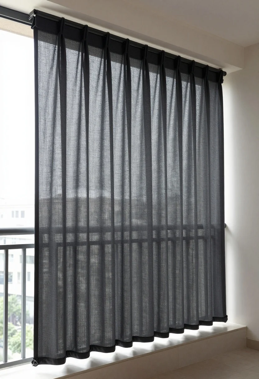 Medium shot of outdoor roller shades mounted in a sleek cassette top across a small balcony opening; sun-screen fabric in charcoal with 3–5% openness filtering bright afternoon light; bottom rail tie-downs and slim side tracks keeping the shade taut; layered sheer curtain pulled to one side for a designer look; faint city view visible through the weave; clean, contemporary mood, straight-on composition.