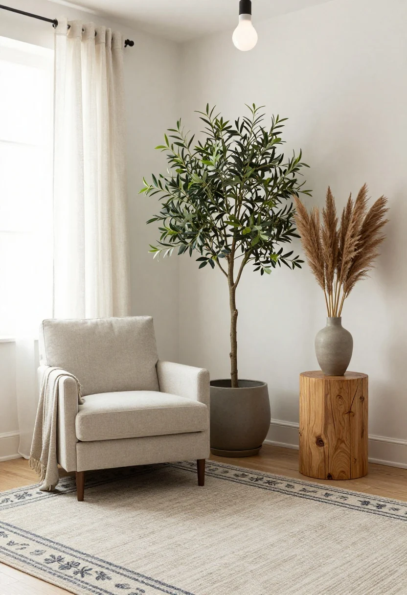Medium shot: “set-it-and-forget-it” decor cluster in a bright corner—an 8x10 washable rug under a slipcovered armchair with clean lines, realistic faux olive tree in a matte ceramic pot, a tall vase of dried pampas and eucalyptus on a sealed wood side table, and machine-washable linen-blend curtains; lighting uses frosted bulbs with a fabric shade to diffuse glow and make surfaces appear cleaner.