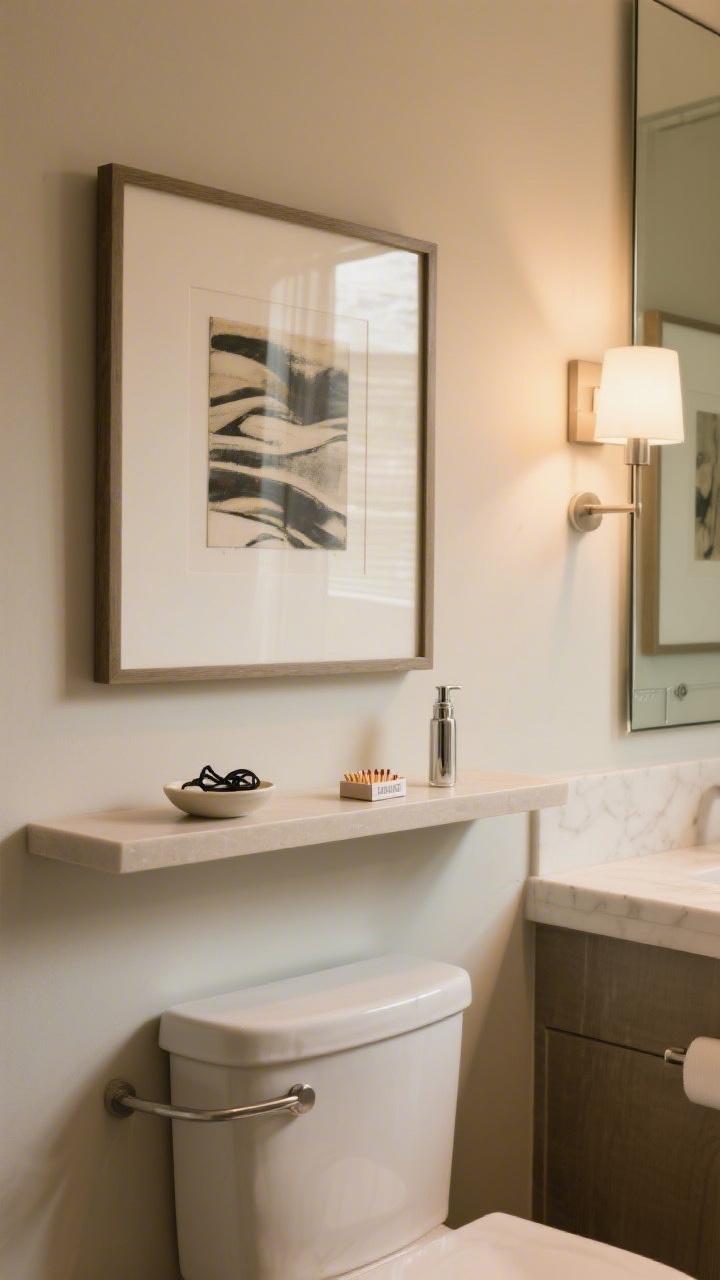 Medium shot, slightly off-center angle, of an art-led shelf moment above the toilet: a single narrow floating shelf holding a tiny dish for hair ties, a sleek room spray, and a box of matches; above it, a statement framed print roughly matching the toilet’s width, frame finish coordinated with the bathroom mirror; nearby sconce angled to wash the art for a gallery effect; humidity-safe materials noted (glass-front print); restrained styling for a curated, not crowded, look; warm, focused lighting on the artwork.