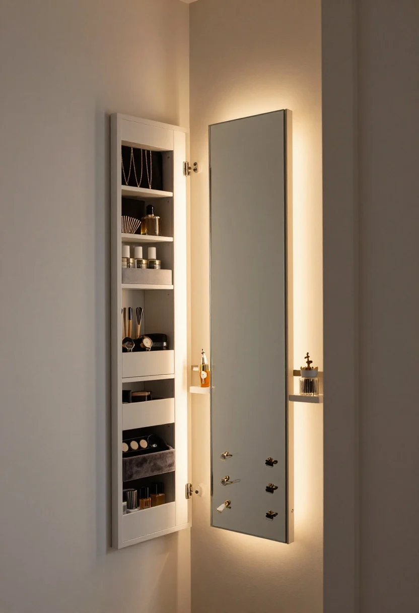 Medium, straight-on bedroom door vanity station: a wall-mounted full-length mirror cabinet with a narrow shelf; door ajar to reveal velvet-lined trays separating necklaces and watches, micro drawers for makeup, and small magnetic tins holding bobby pins, clips, and tiny perfume vials; warm LED strip lighting (2700–3000K) framing the mirror for flattering tones; minimalist, boutique vibe; a lint roller and mini fabric shaver tucked on a shelf; soft evening ambience; photorealistic, no people.