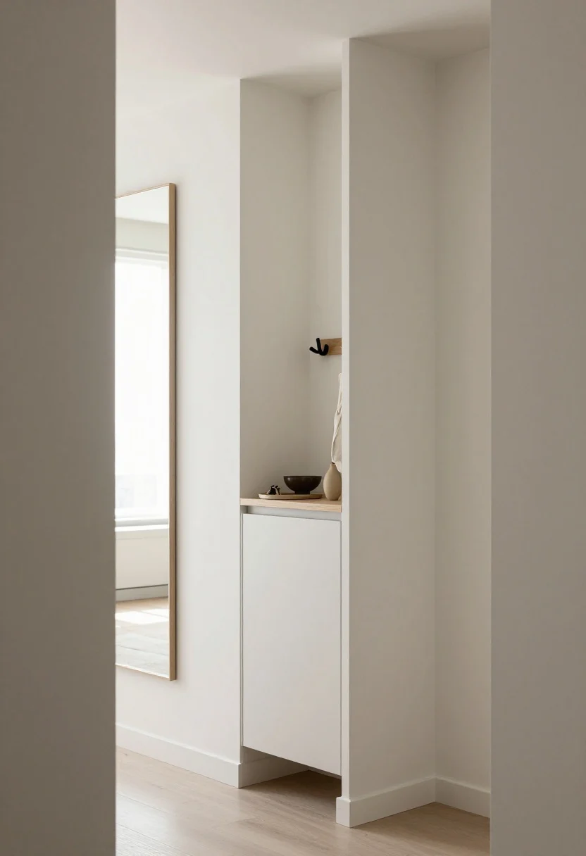 Medium, straight-on entryway sliver: a narrow front-door corridor with a slim 4–6 inch deep floating wall-mounted shelf with a small lip, a tiny tray for keys, catch-all bowl, and a miniature vase; matte black hooks beneath holding a canvas tote and umbrella; a shallow, flip-down shoe cabinet painted the same soft white as the wall to visually disappear; a tall, narrow vertical mirror reflecting light; neutral palette with soft natural daylight, clean baseboards, and tidy floors, photorealistic.