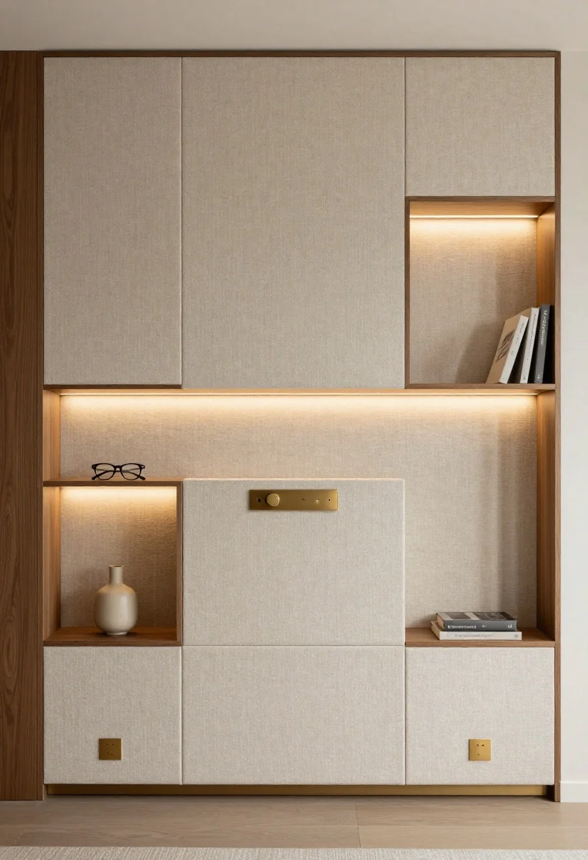 Medium, straight-on shot of a custom headboard wall with integrated built-ins: fabric-wrapped panels in textured bouclé with recessed walnut niches (4–6 inches deep) aligned with each side of the bed. Inside the niches: touch-dim warm 2700K LED strips with diffusers, a single small vase, eyeglasses, and one book—ample negative space. Integrated reading lights in matte brass emerge cleanly from the panel. Linen bedding in bone, matte brass outlet grommets hidden low, seamless millwork joins. Luxurious, calm hotel-level glow with layered ambient lighting.