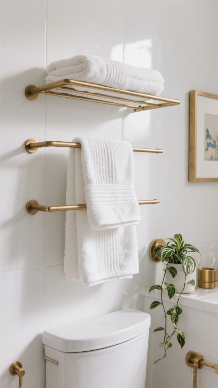 Medium, straight-on shot of a hotel-luxe towel rack stack above the toilet: two to three minimal bars spaced 8–10 inches apart, finished in brushed brass; fluffy white Turkish towels with subtle ribbed textures draped neatly; a small plant (ZZ or pothos) perched to one side and a petite framed art print breaking up the linen; clean white wall backdrop and brass echoing in nearby accessories; bright, spa-like lighting with gentle highlights on the brass.