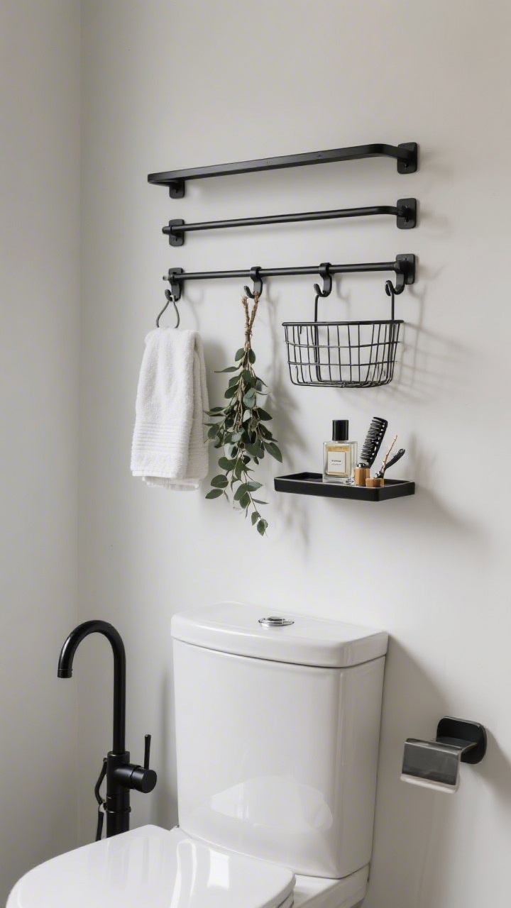 Medium, straight-on shot of a vertical metal rail system above the toilet: slim matte black rails with clip-on mini shelves, hooks, and a small wire basket; spa-station styling with a neatly folded hand towel on a hook, a fresh eucalyptus bundle hanging, and a small tray with perfume and hair clips; accessories spaced with a few inches between to avoid clutter; heavier items positioned to the sides, not directly over the tank; subtle reflection of black finish in nearby faucet; diffused daylight for a sleek, designer look.