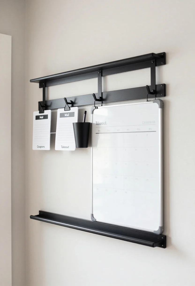 Medium, straight-on view of a back-of-door family command center on a mudroom door: slim black steel rail system with clip-on wire file bins labeled “Mail,” “Coupons,” “Takeout,” a magnetic whiteboard with minimal calendar pages and a slim pen cup, and low-set key hooks within kid reach; cohesive black steel finishes, clean modern styling, neutral wall, soft natural daylight from the side; measure-conscious shallow components that clear interior shelves; photorealistic, no people.