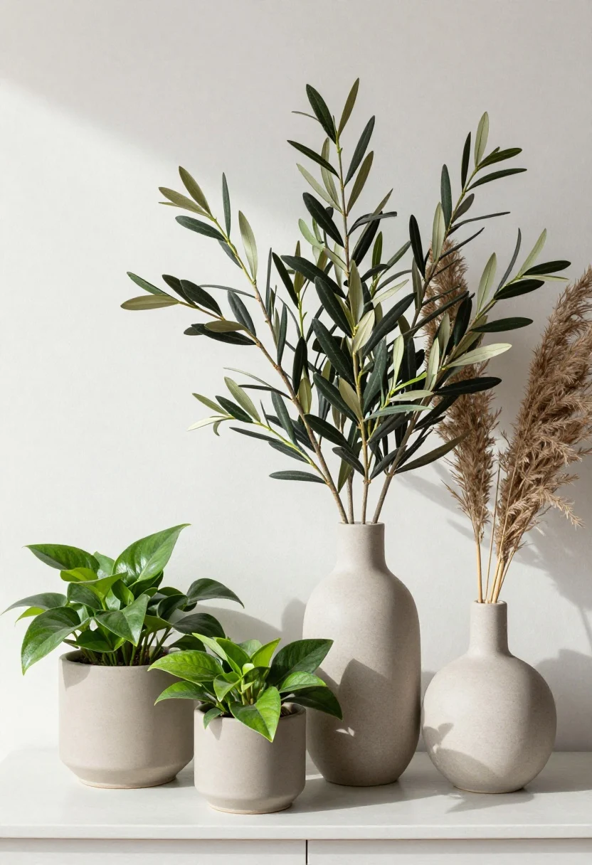 Medium tabletop/console shot: Real greenery vignette—ZZ plant and pothos in matte ceramic planters, with a minimal arrangement of high-quality faux olive branches in a sculptural matte vase. Optionally, dried pampas stems for low-light spaces. Natural daylight, crisp shadows, angled view highlighting leaf texture.