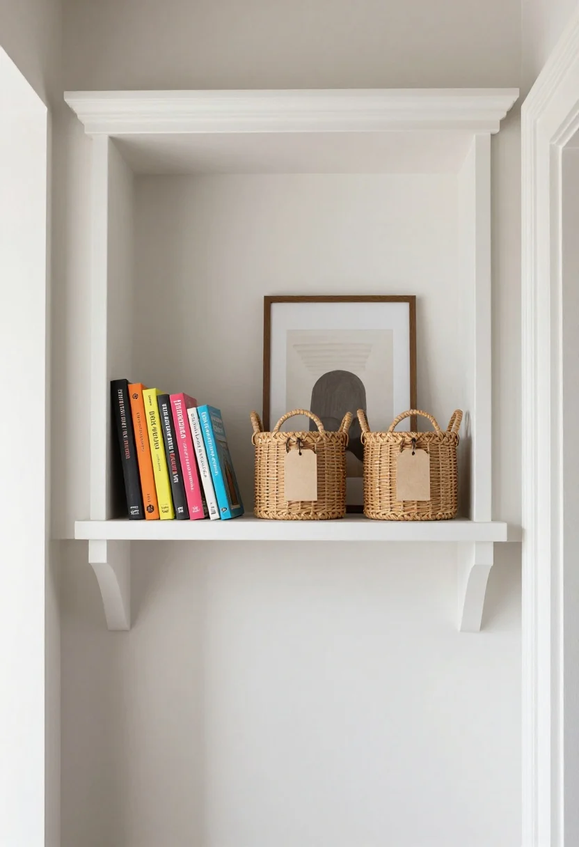 Medium, upward-angled view above a doorway: an over-door floating shelf painted to match the white trim with simple molding for an architectural look; curated items—stack of colorful cookbooks, a small framed art piece, and two matching woven baskets with discreet tags; clean wall in a muted neutral tone, soft diffused daylight, no clutter, photorealistic.