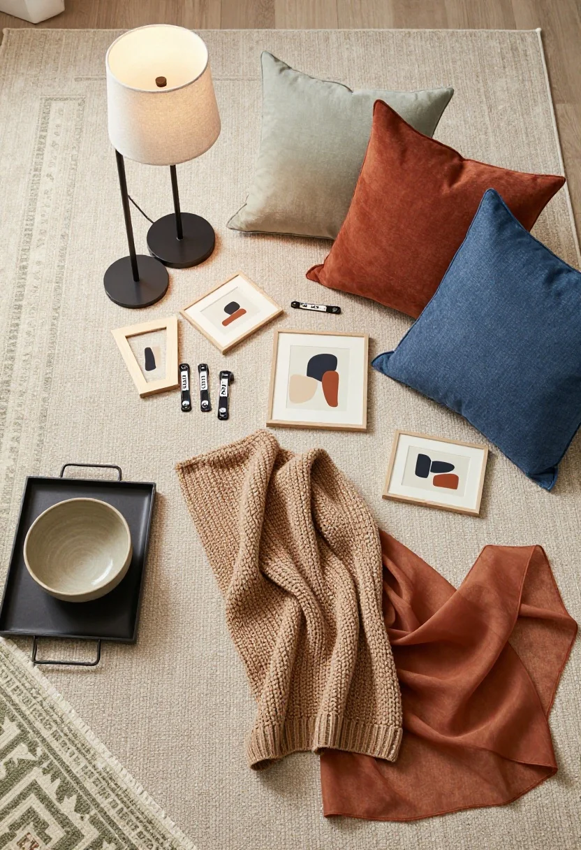 Overhead detail: A styled flat lay on a medium neutral rug—two lamp options (slim black floor lamp base and a small table lamp with a linen shade), a second 5x7 patterned rug corner in sage and cream peeking in, two throw blankets (one chunky textured knit in warm oatmeal, one lightweight gauzy rust), three pillow covers in sage, rust, and denim blue, a trio of lightweight frames with abstract art, Command strips, a black metal tray and a ceramic catchall bowl. Warm, cozy color story with consistent black metal accents.