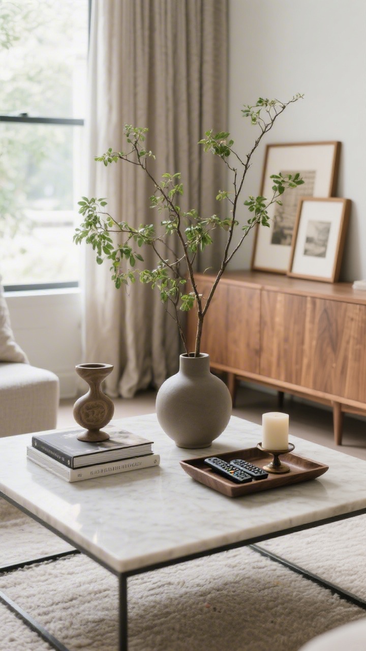 Overhead detail shot: A styled coffee table vignette following the rule of three with height—tall branches in a matte ceramic vase, a medium sculptural object, and a low tray corralling remotes and a candle; two stacked coffee-table books topped with a small decorative piece; in the background, a credenza with leaning art in consistent oak frames and curtains hung high and wide; fresh greenery, restrained arrangement, soft window light.